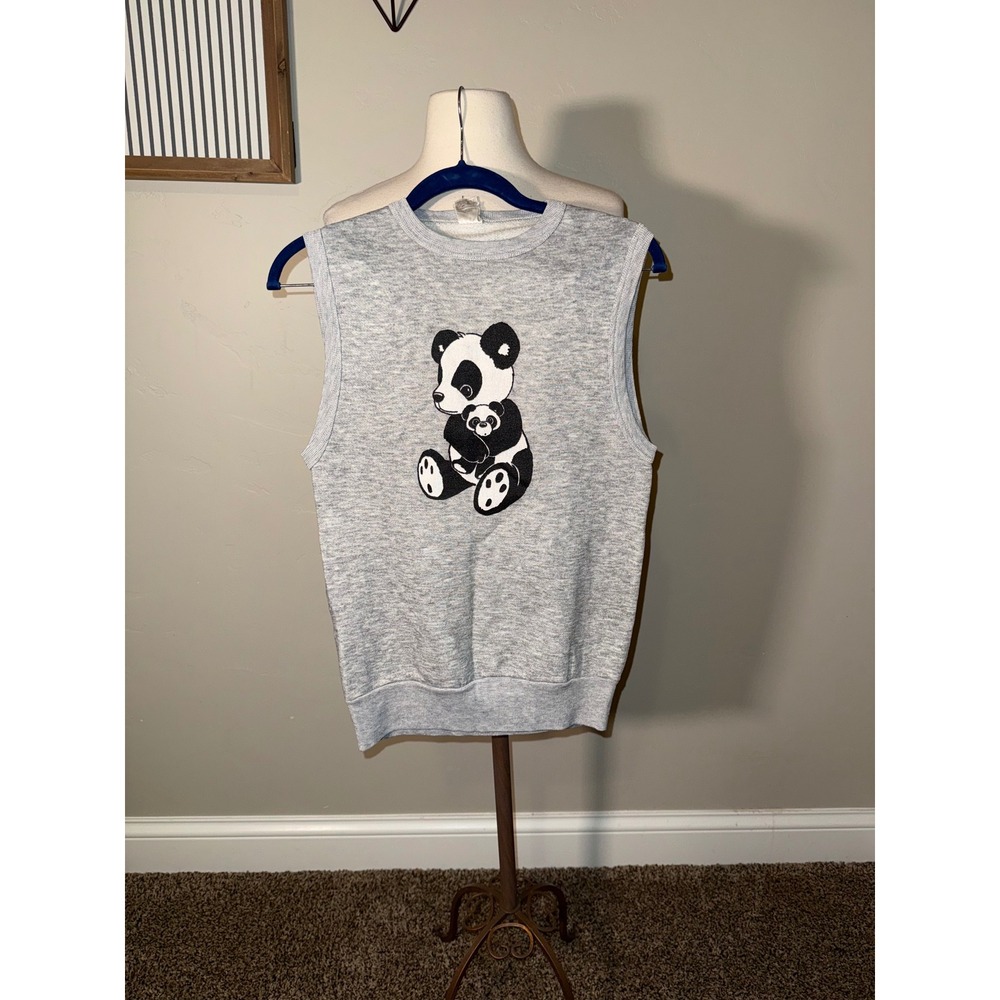 Vintage Gray Sleeveless Sweatshirt Vest Panda Bear Graphic Print Women's Small